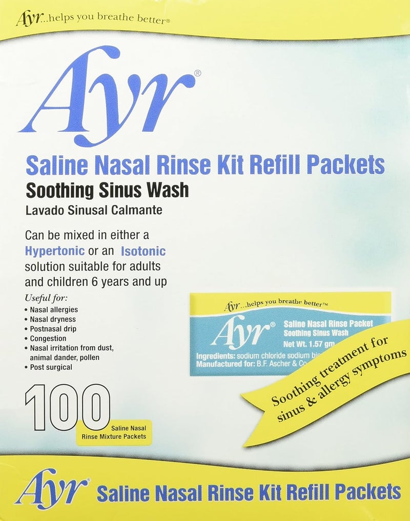 Ayr Saline Nasal Rinse Kit Refill Packets - 100 Count for Soothing Sinus Wash
